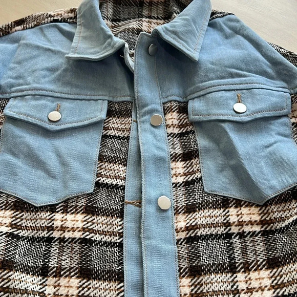 Plaid patchwork on light denim jacket XL NWT shirt - Picture 6 of 8